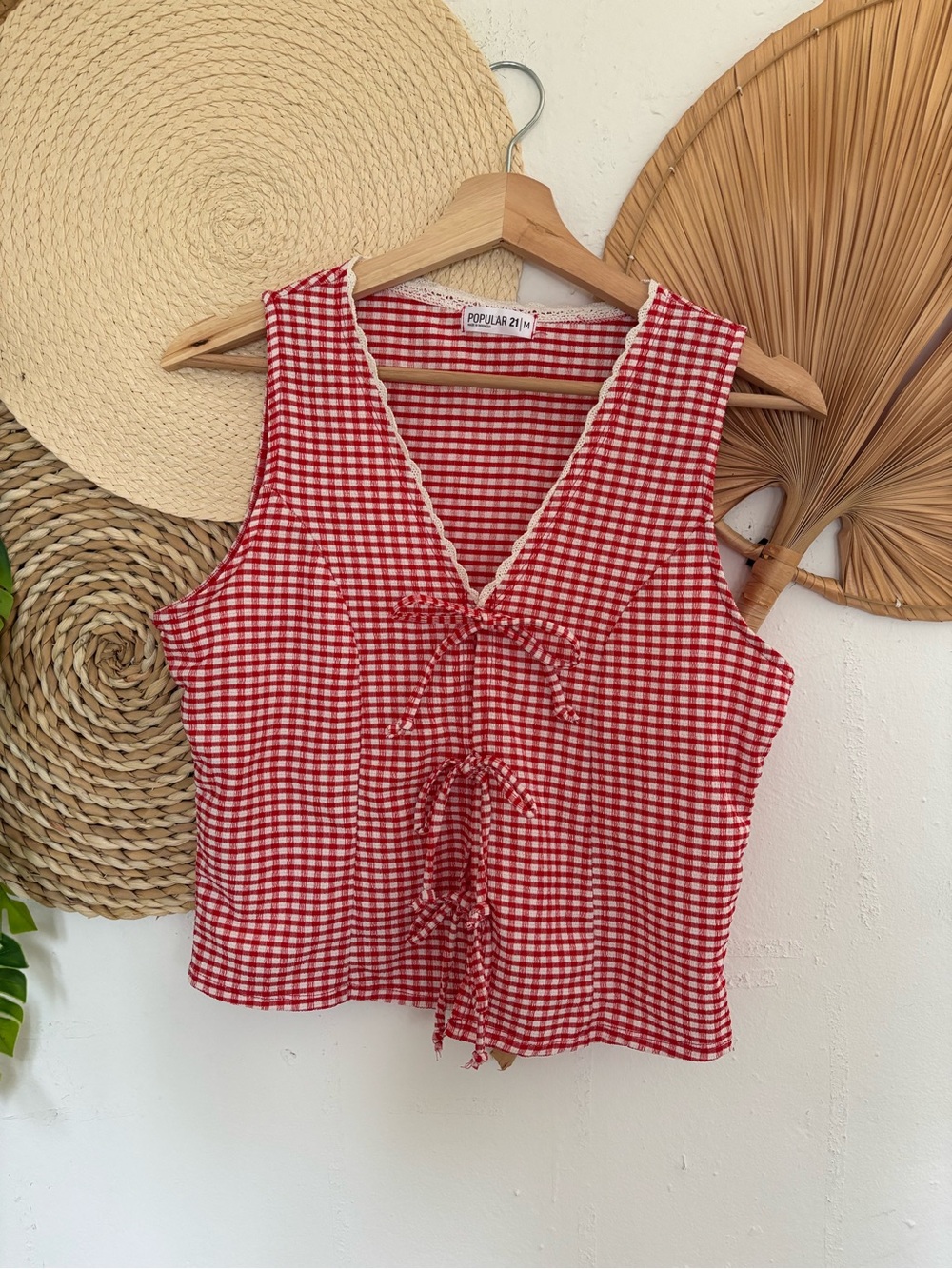 Red Gingham Tie-Front Sleeveless V-Neck Tank Top